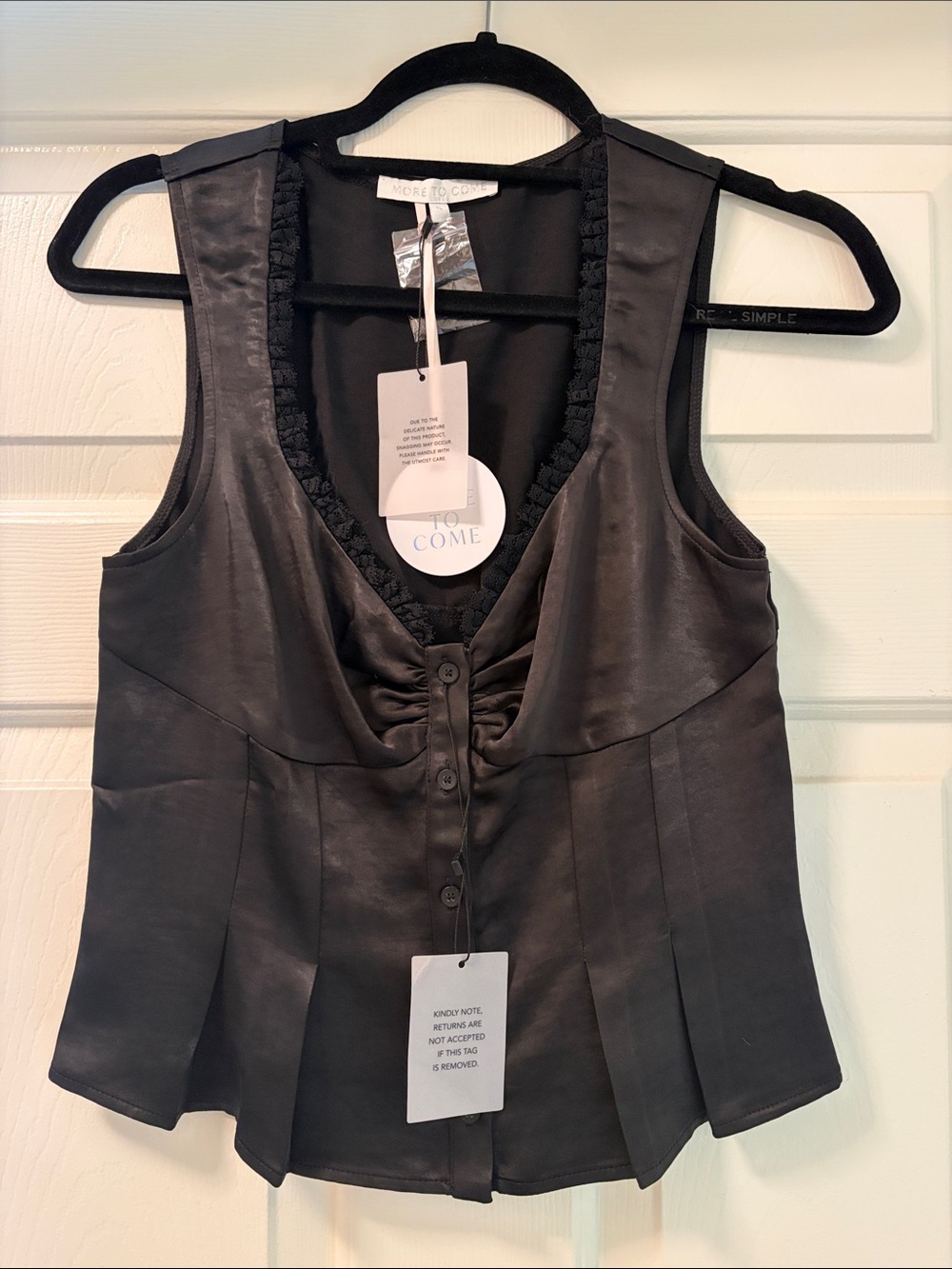 (New with tags) Black Satin Button-Front Sleeveless Blouse by More to Come